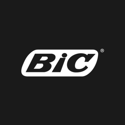 Logo för varumärket BIC i vitt på grå bakgrund