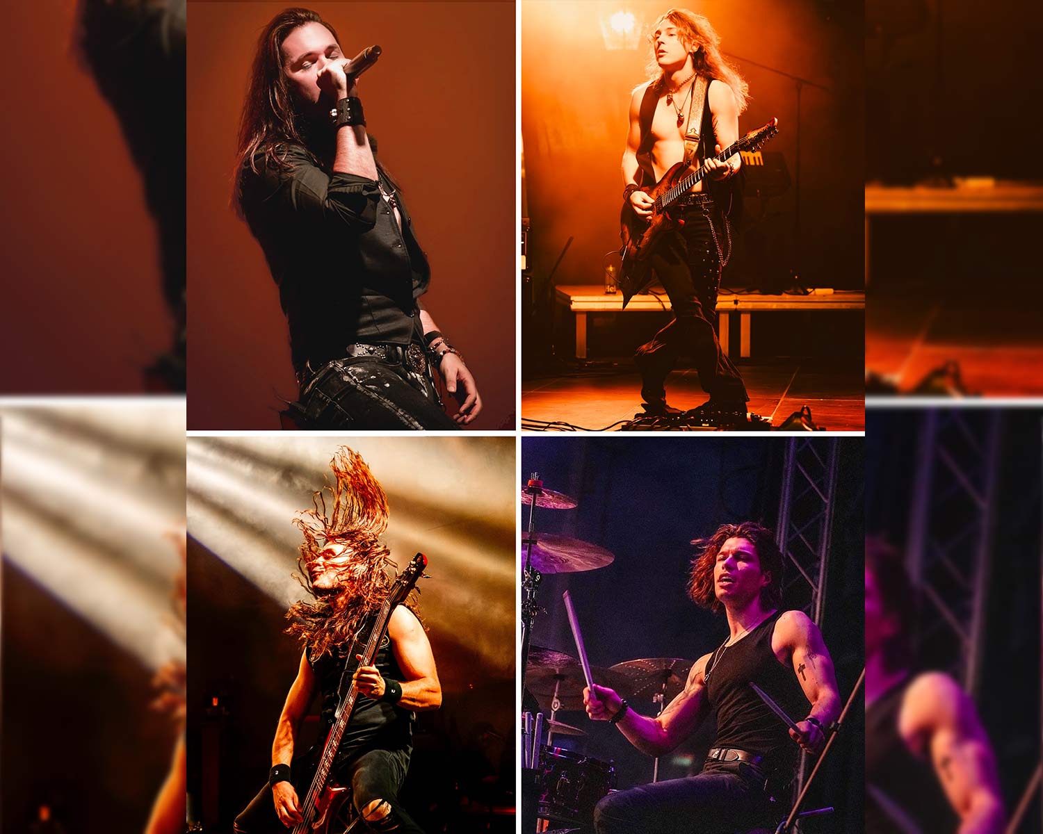 Collage med fyra livebilder av Jelusick på scen: sångaren sjunger i mikrofon, gitarristen spelar under orange scenljus, basisten headbangar med långt hår i rörelse och trummisen slår på trummor i lila ljus.