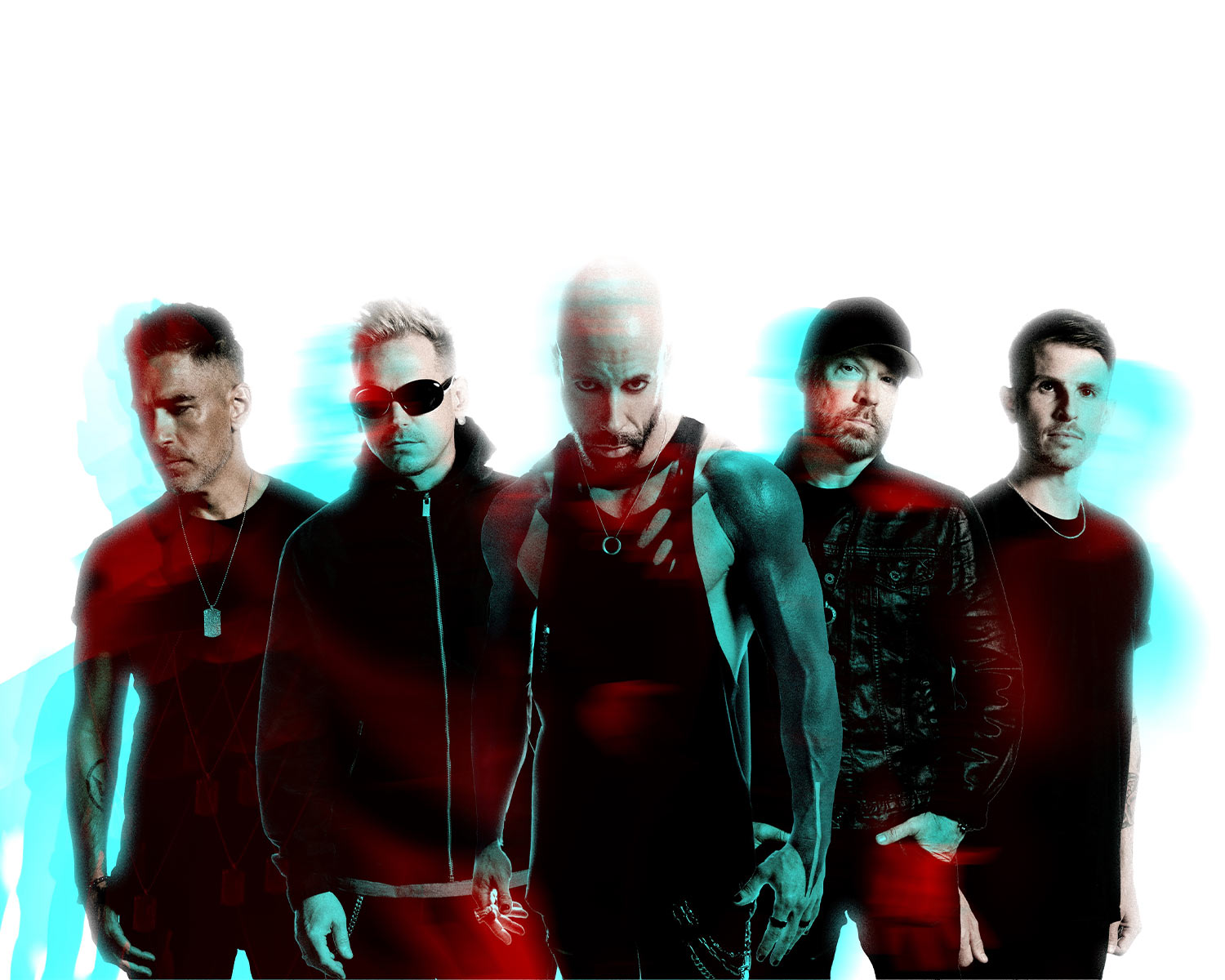 The members of Daughtry pose against a white background with red and turquoise lighting effects.