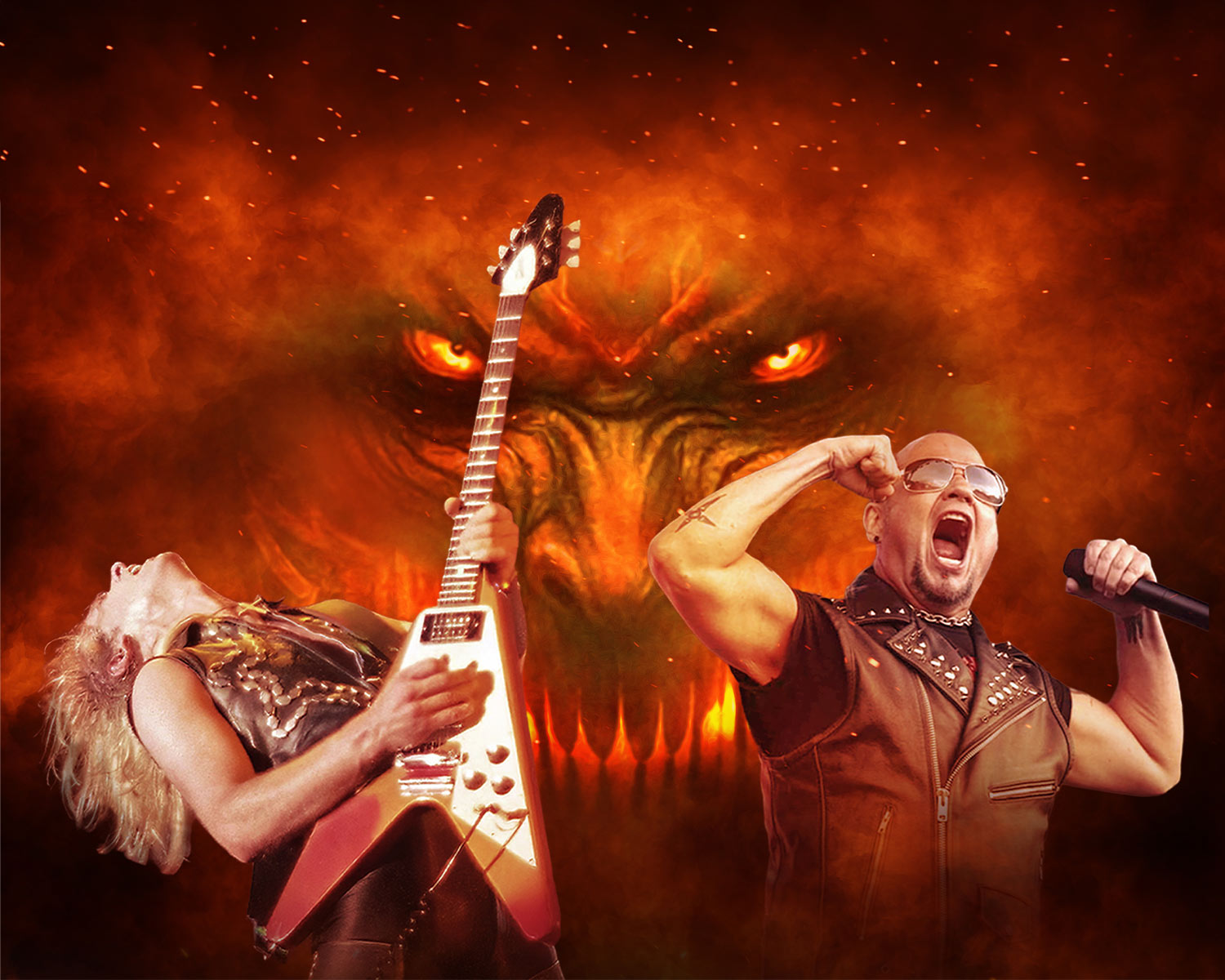 KK’s Priest performs, playing guitar and singing in front of a flaming demon face.