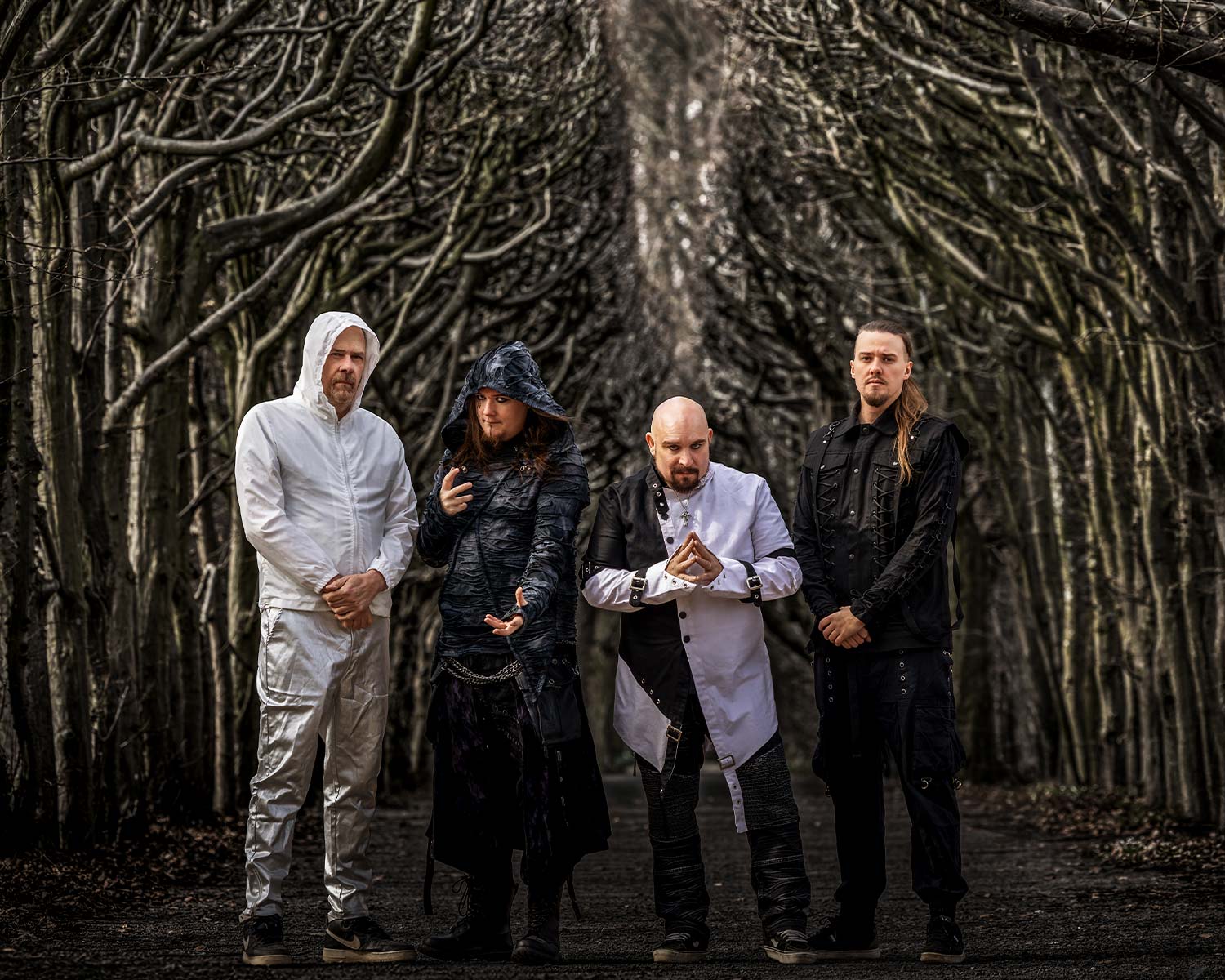 The members of Tungsten pose in a tunnel of tree branches.